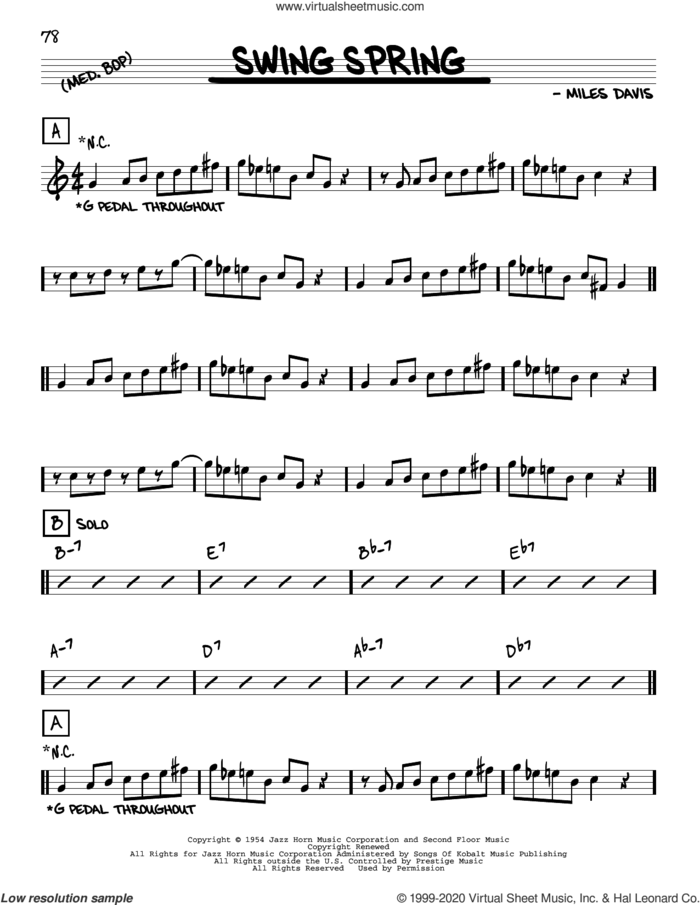 Swing Spring sheet music for voice and other instruments (real book) by Miles Davis, intermediate skill level