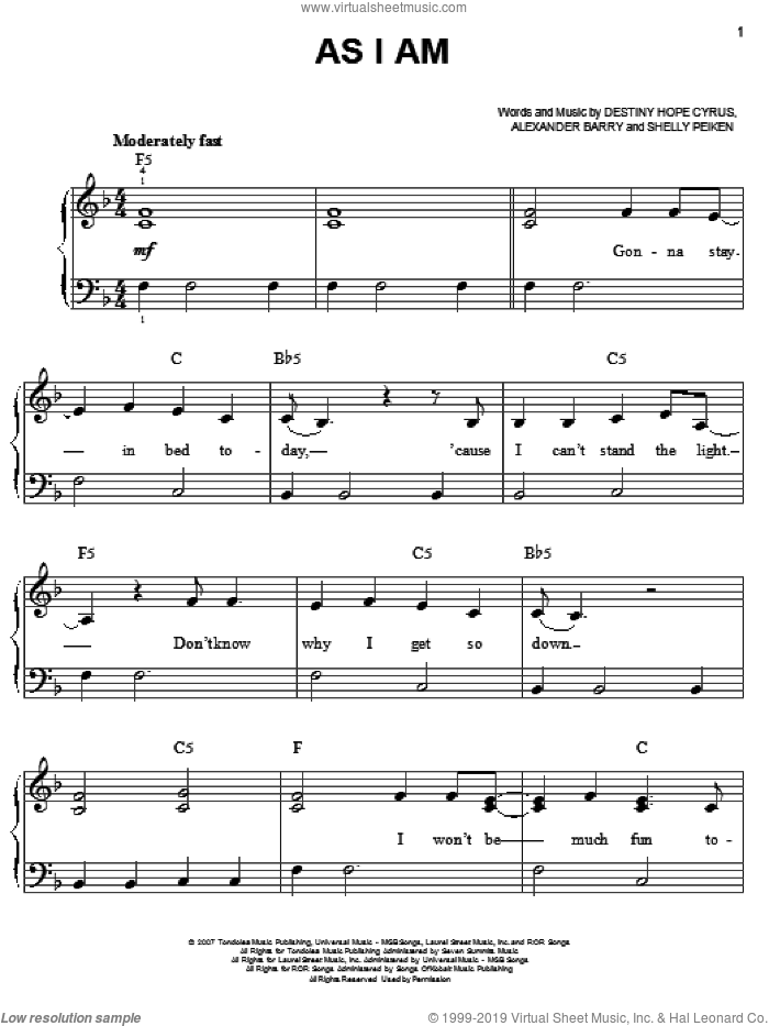 As I Am sheet music for piano solo by Hannah Montana, Miley Cyrus, Alexander Barry, Destiny Hope Cyrus and Shelly Peiken, easy skill level
