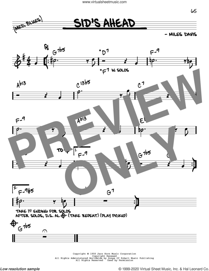 Sid's Ahead sheet music for voice and other instruments (real book) by Miles Davis, intermediate skill level