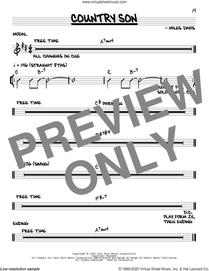 Country Son sheet music for voice and other instruments (real book) by Miles Davis, intermediate skill level