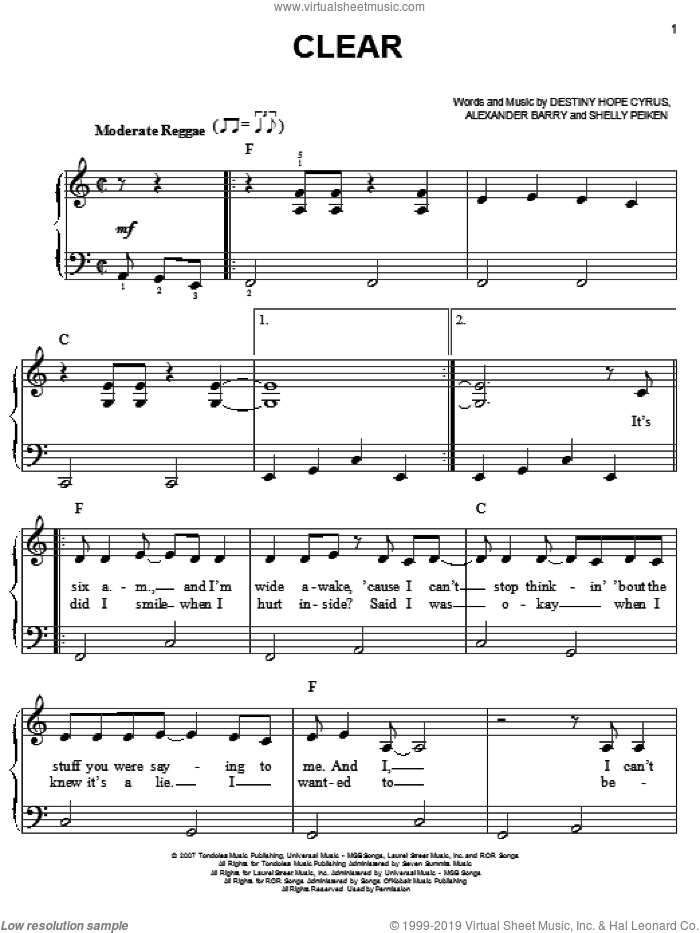 Clear sheet music for piano solo by Hannah Montana, Miley Cyrus, Alexander Barry, Destiny Hope Cyrus and Shelly Peiken, easy skill level