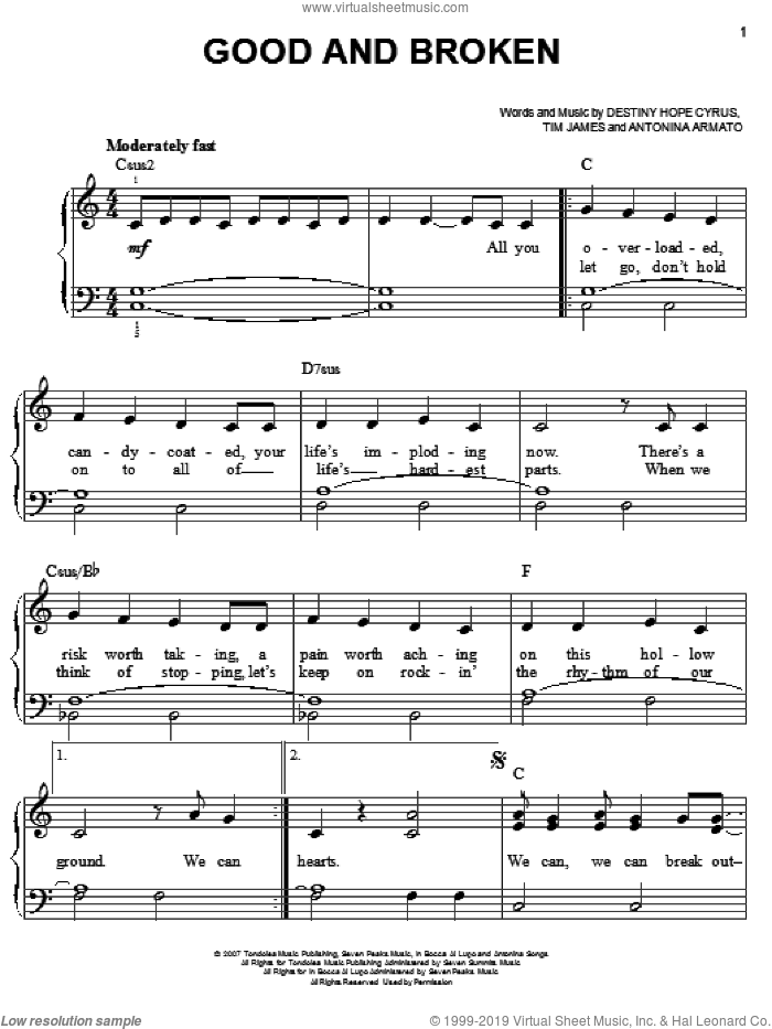 Good And Broken sheet music for piano solo by Hannah Montana, Miley Cyrus, Antonina Armato, Destiny Hope Cyrus and Tim James, easy skill level