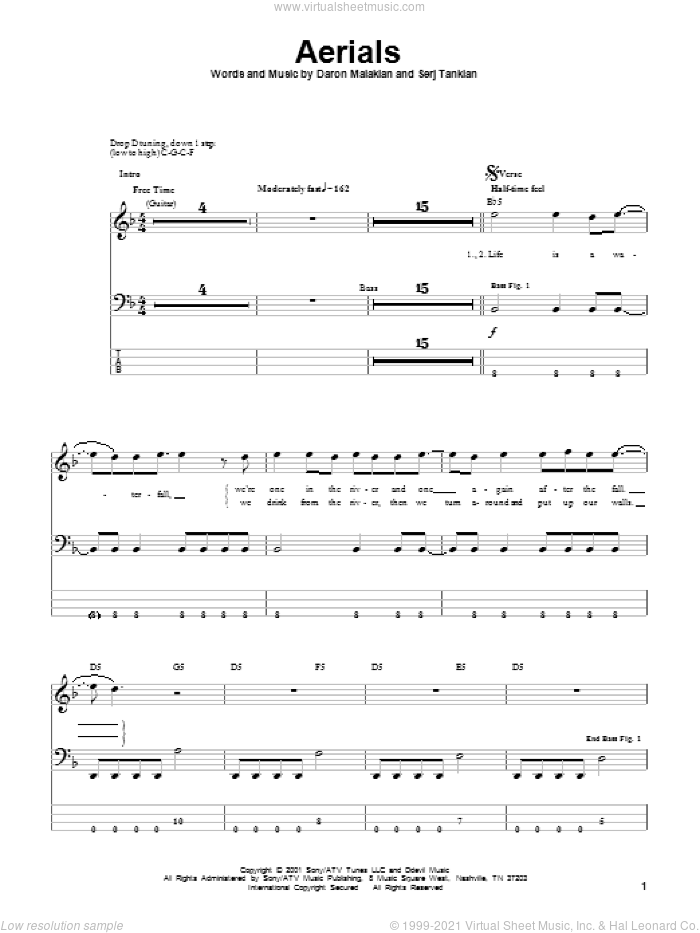 Aerials sheet music for bass (tablature) (bass guitar) by System Of A Down, Daron Malakian and Serj Tankian, intermediate skill level