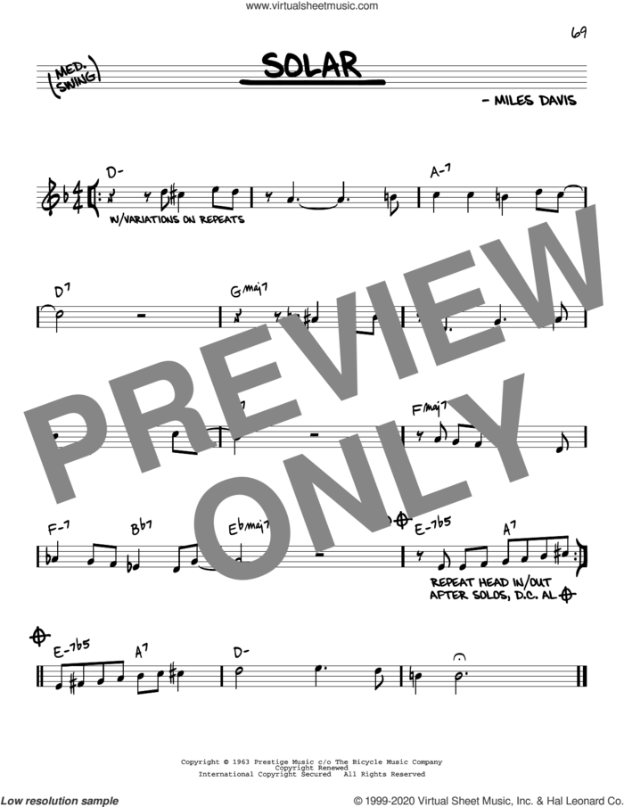 Solar sheet music for voice and other instruments (real book) by Miles Davis, intermediate skill level