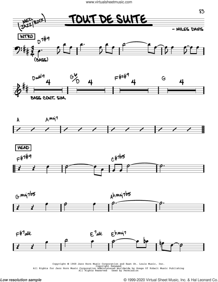 Tout De Suite sheet music for voice and other instruments (real book) by Miles Davis, intermediate skill level