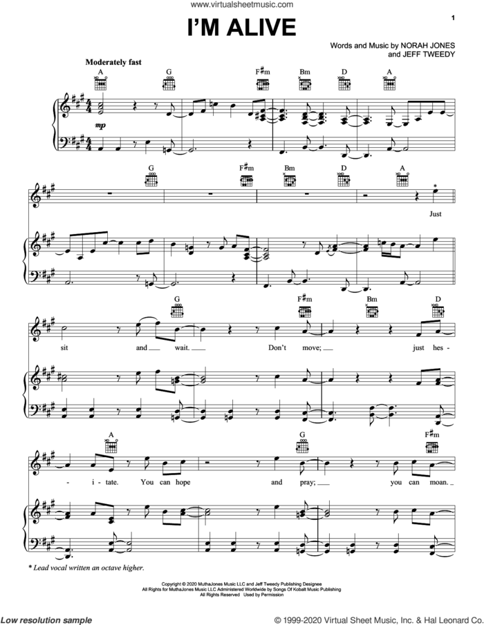 I'm Alive sheet music for voice, piano or guitar by Norah Jones and Jeff Tweedy, intermediate skill level