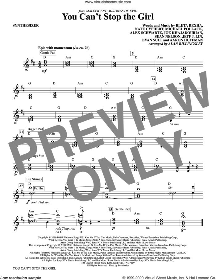 You Can't Stop The Girl (from Maleficent: Mistress of Evil) (arr. Alan Billingsley) sheet music for orchestra/band (synthesizer) by Bebe Rexha, Alan Billingsley, Aaron Huffman, Alex Schwartz, Bleta Rexha, Evan Sult, Jeff J. Lin, Joe Khajadourian, Michael Pollack, Nate Cyphert and Sean Nelson, intermediate skill level