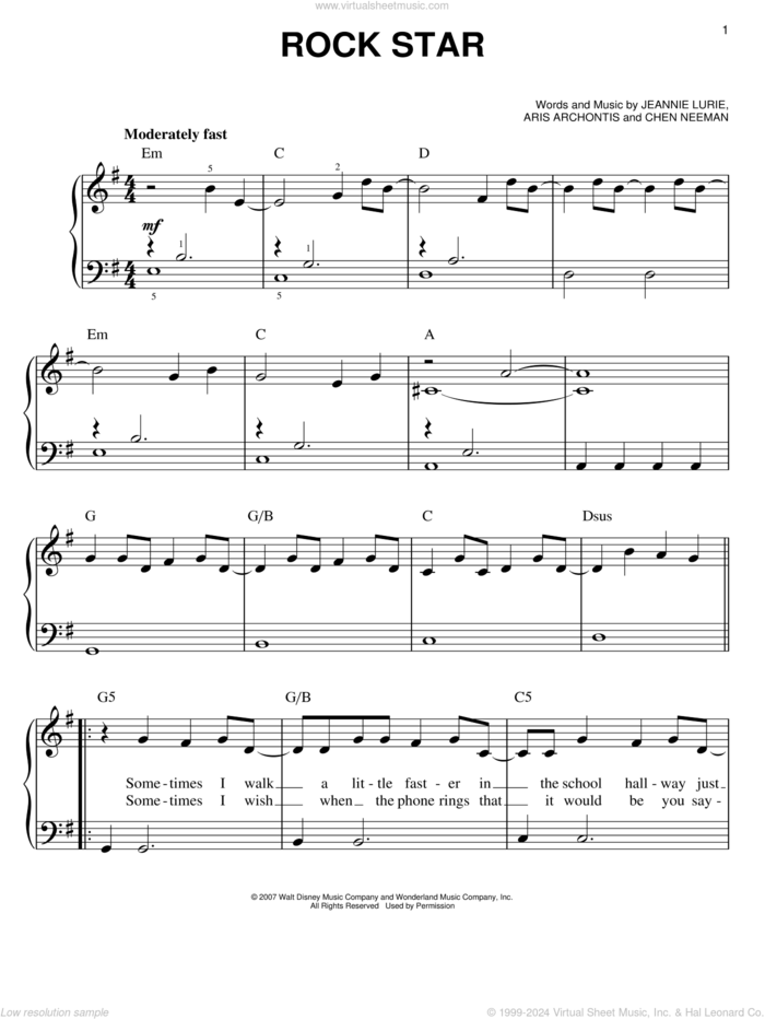 Rock Star sheet music for piano solo by Hannah Montana, Miley Cyrus, Aris Archontis, Chen Neeman and Jeannie Lurie, easy skill level