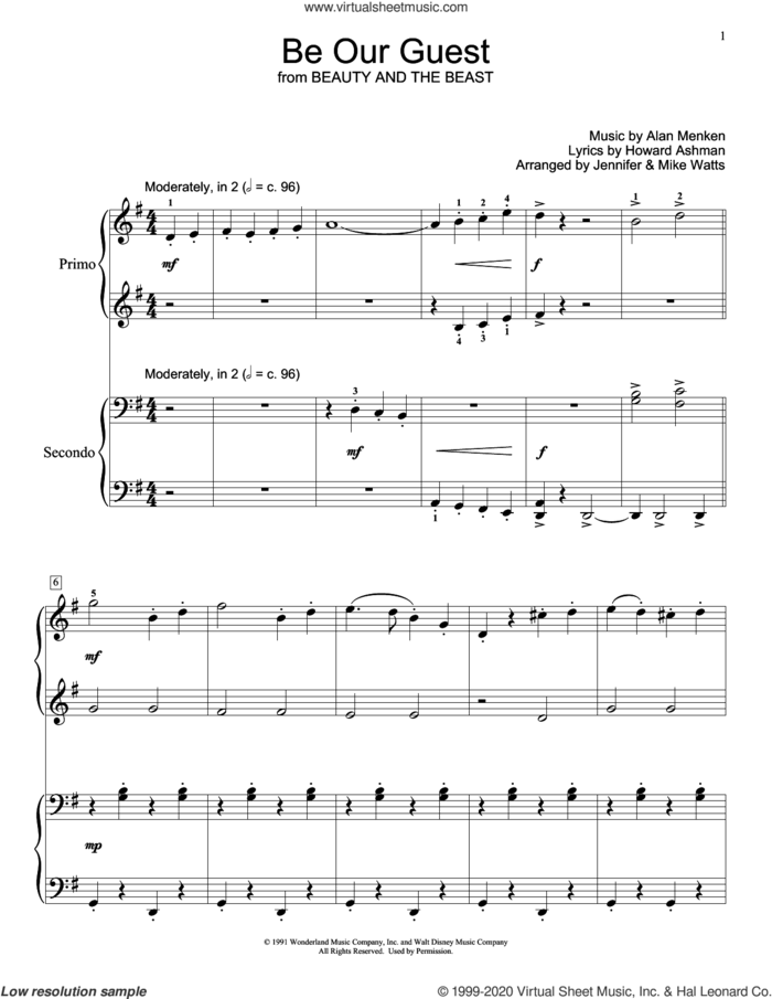Be Our Guest (from Beauty and The Beast) (arr. Jennifer and Mike Watts) sheet music for piano four hands by Alan Menken, Jennifer Watts, Mike Watts, Alan Menken & Howard Ashman and Howard Ashman, intermediate skill level