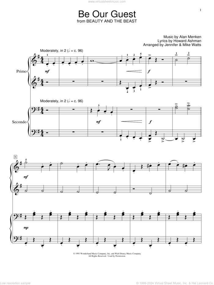 Be Our Guest (from Beauty and The Beast) (arr. Jennifer and Mike Watts) sheet music for piano four hands by Alan Menken, Jennifer Watts, Mike Watts, Alan Menken & Howard Ashman and Howard Ashman, intermediate skill level