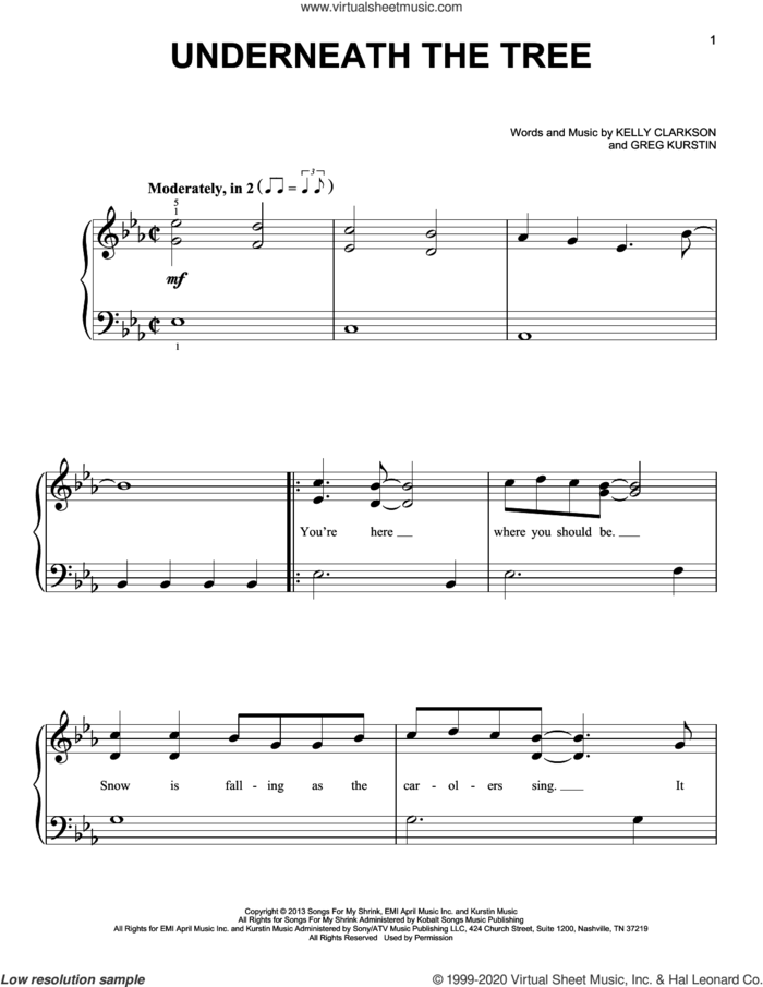 Underneath The Tree, (beginner) sheet music for piano solo by Kelly Clarkson and Greg Kurstin, beginner skill level