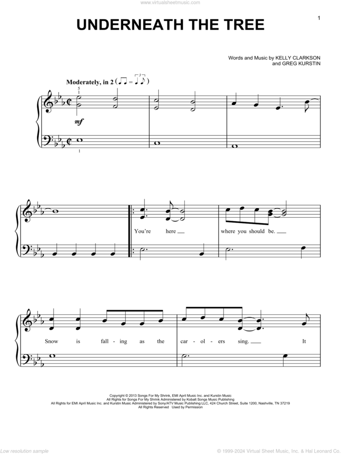 Underneath The Tree, (beginner) sheet music for piano solo by Kelly Clarkson and Greg Kurstin, beginner skill level