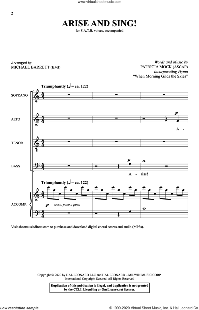 Arise And Sing (arr. Michael Barrett) sheet music for choir (SATB: soprano, alto, tenor, bass) by Patricia Mock and Michael Barrett, intermediate skill level