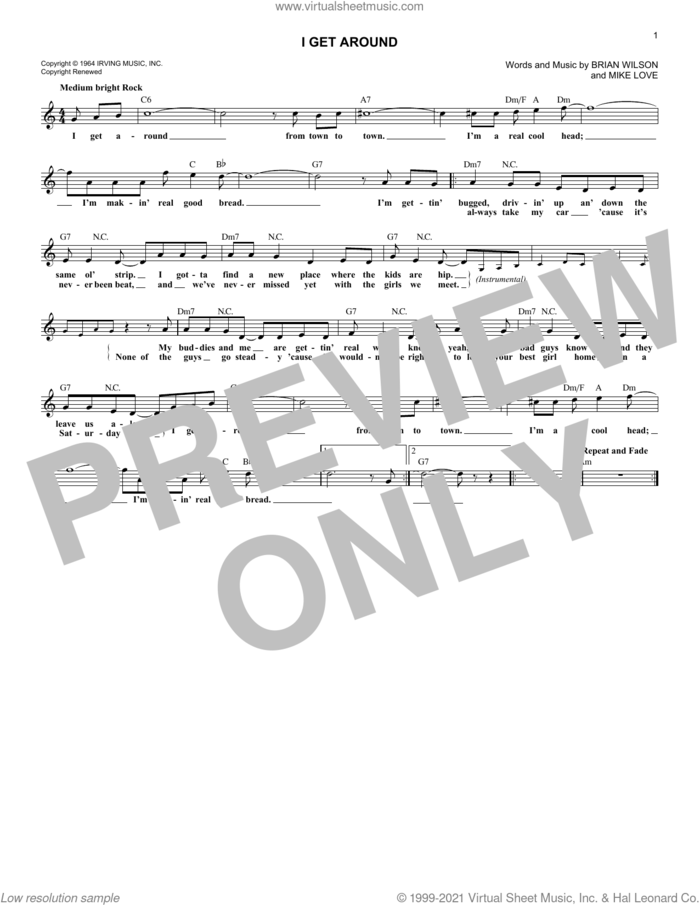 I Get Around sheet music for voice and other instruments (fake book) by The Beach Boys, Brian Wilson and Mike Love, intermediate skill level