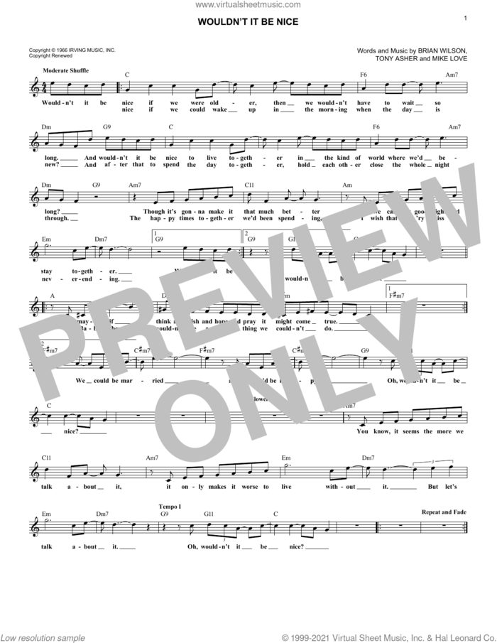 Wouldn't It Be Nice sheet music for voice and other instruments (fake book) by The Beach Boys, Brian Wilson, Mike Love and Tony Asher, intermediate skill level