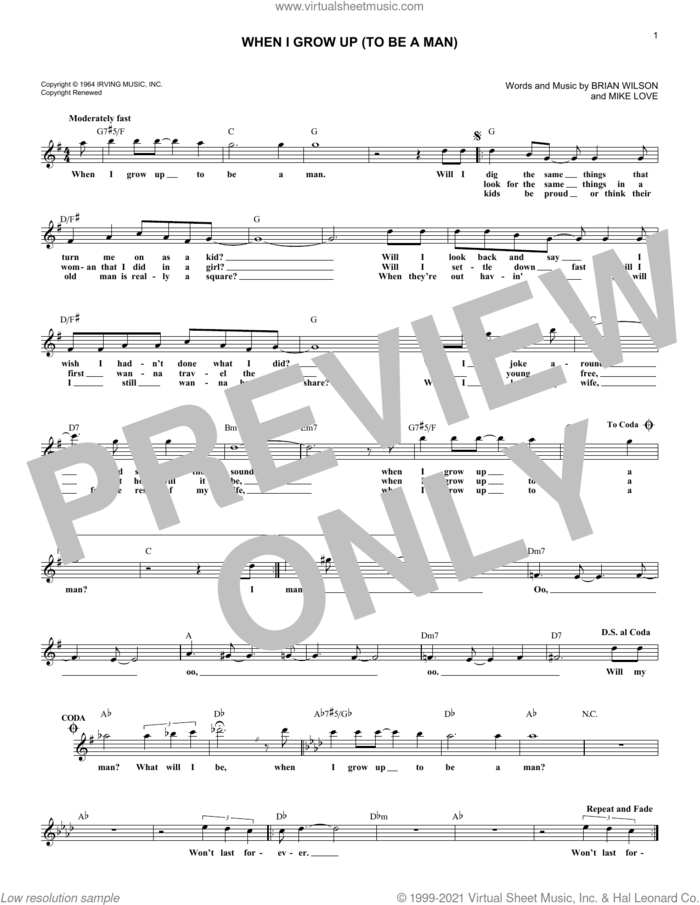 When I Grow Up (To Be A Man) sheet music for voice and other instruments (fake book) by The Beach Boys, Brian Wilson and Mike Love, intermediate skill level