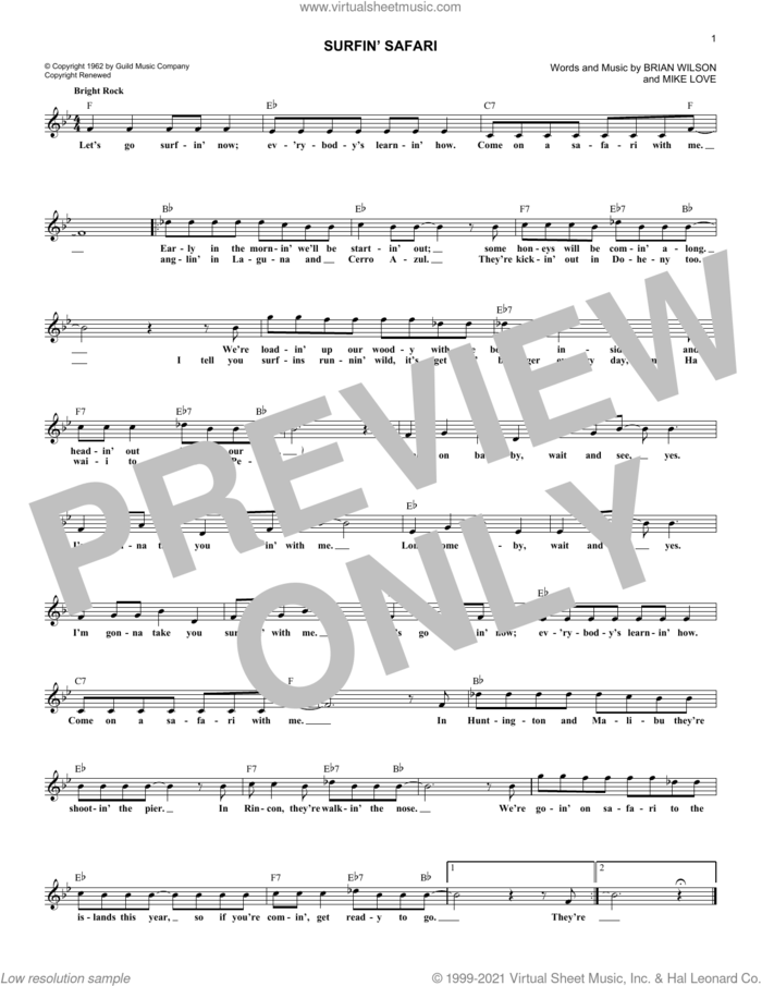 Surfin' Safari sheet music for voice and other instruments (fake book) by The Beach Boys, Brian Wilson and Mike Love, intermediate skill level
