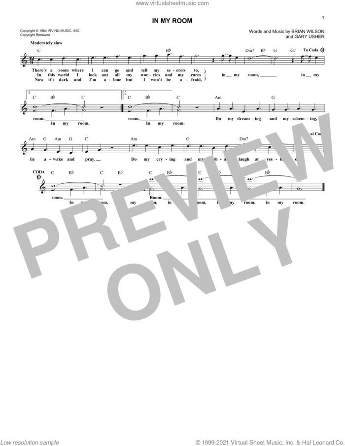 In My Room sheet music for voice and other instruments (fake book) by The Beach Boys, Brian Wilson and Gary Usher, intermediate skill level