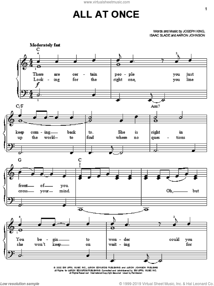 All At Once sheet music for piano solo by The Fray, Aaron Johnson, Isaac Slade and Joseph King, easy skill level