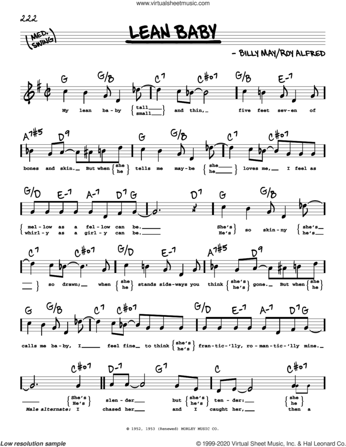 Lean Baby (High Voice) sheet music for voice and other instruments (high voice) by Roy Alfred and Billy May, intermediate skill level