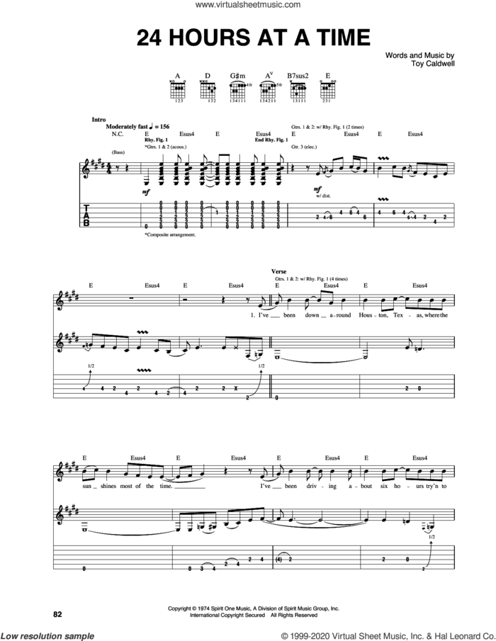 24 Hours At A Time sheet music for guitar (tablature) by Marshall Tucker Band and Toy Caldwell, intermediate skill level