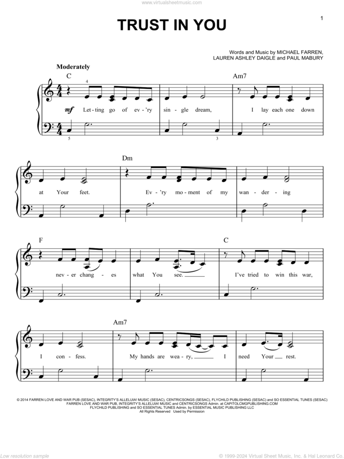Trust In You sheet music for piano solo by Lauren Daigle, Michael Farren and Paul Mabury, easy skill level