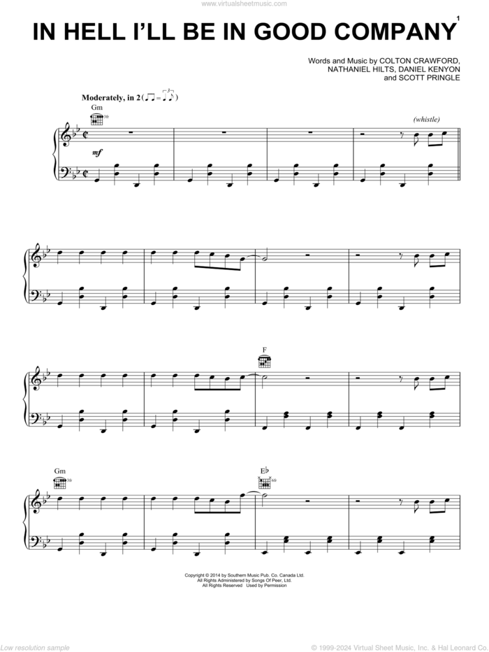 In Hell I'll Be In Good Company sheet music for voice, piano or guitar by The Dead South, Colton Crawford, Daniel Kenyon, Nathaniel Hilts and Scott Pringle, intermediate skill level