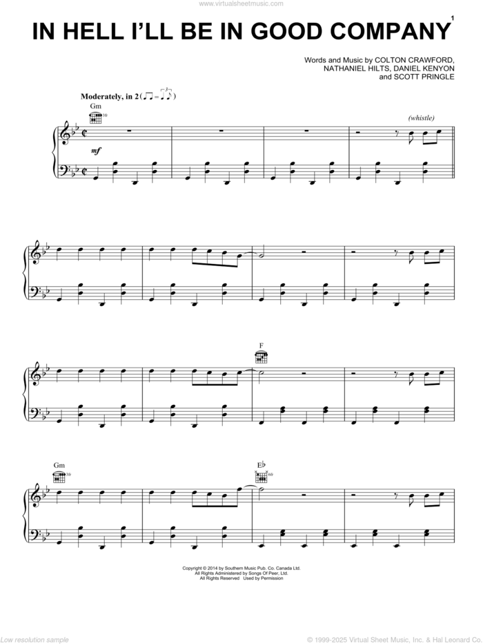 In Hell I'll Be In Good Company sheet music for voice, piano or guitar by The Dead South, Colton Crawford, Daniel Kenyon, Nathaniel Hilts and Scott Pringle, intermediate skill level