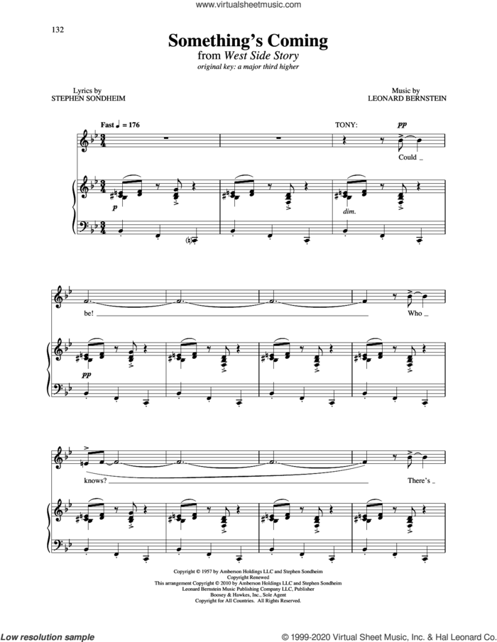 Something's Coming (from West Side Story) sheet music for voice and piano (Medium Low Voice) by Leonard Bernstein and Stephen Sondheim & Leonard Bernstein, Richard Walters and Stephen Sondheim, intermediate skill level