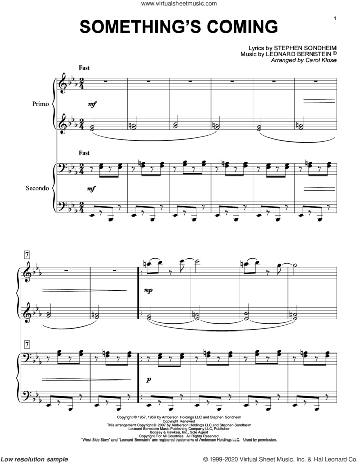 Something's Coming (from West Side Story) (arr. Carol Klose) sheet music for piano four hands by Leonard Bernstein, Carol Klose and Stephen Sondheim & Leonard Bernstein and Stephen Sondheim, intermediate skill level