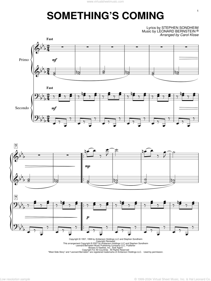 Something's Coming (from West Side Story) (arr. Carol Klose) sheet music for piano four hands by Leonard Bernstein, Carol Klose and Stephen Sondheim & Leonard Bernstein and Stephen Sondheim, intermediate skill level