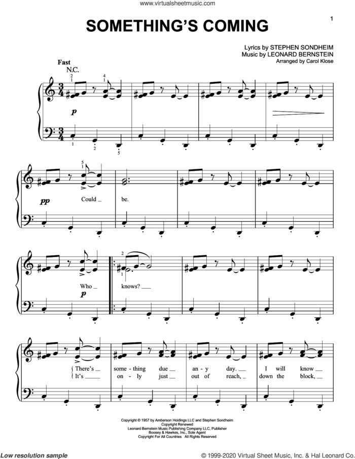Something's Coming (from West Side Story) (arr. Carol Klose) sheet music for piano solo by Leonard Bernstein, Carol Klose and Stephen Sondheim & Leonard Bernstein and Stephen Sondheim, easy skill level