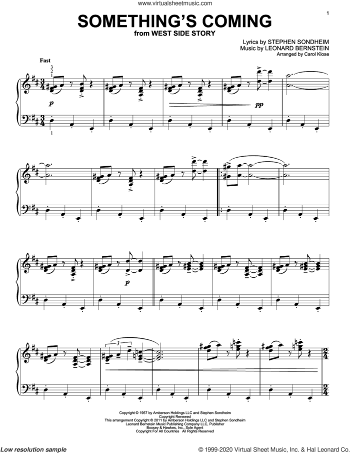 Something's Coming (from West Side Story) (arr. Carol Klose) sheet music for piano solo by Leonard Bernstein, Carol Klose and Stephen Sondheim & Leonard Bernstein and Stephen Sondheim, intermediate skill level