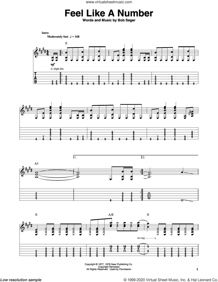 Feel Like A Number sheet music for guitar (tablature, play-along) by Bob Seger, intermediate skill level