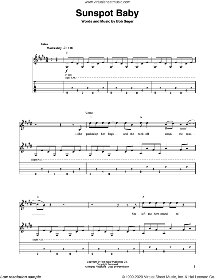 Sunspot Baby sheet music for guitar (tablature, play-along) by Bob Seger, intermediate skill level