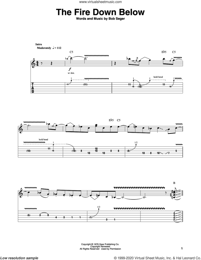 The Fire Down Below sheet music for guitar (tablature, play-along) by Bob Seger, intermediate skill level