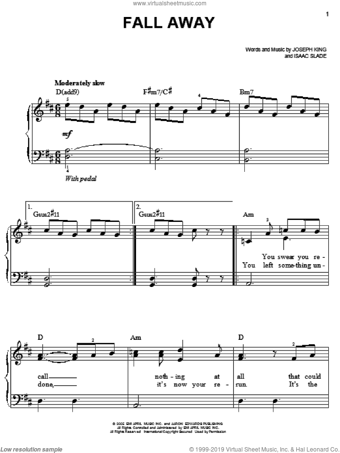 Fall Away sheet music for piano solo by The Fray, Isaac Slade and Joseph King, easy skill level