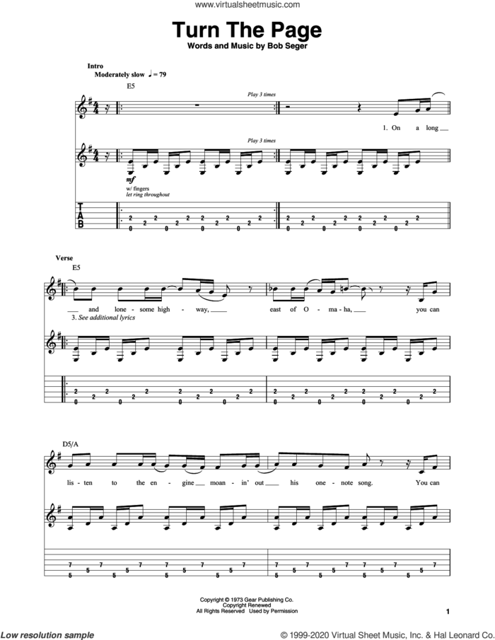 Turn The Page sheet music for guitar (tablature, play-along) by Bob Seger and Metallica, intermediate skill level