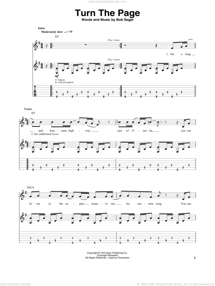 Turn The Page sheet music for guitar (tablature, play-along) by Bob Seger and Metallica, intermediate skill level