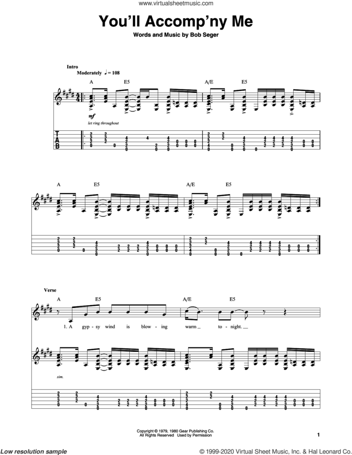 You'll Accomp'ny Me sheet music for guitar (tablature, play-along) by Bob Seger, wedding score, intermediate skill level