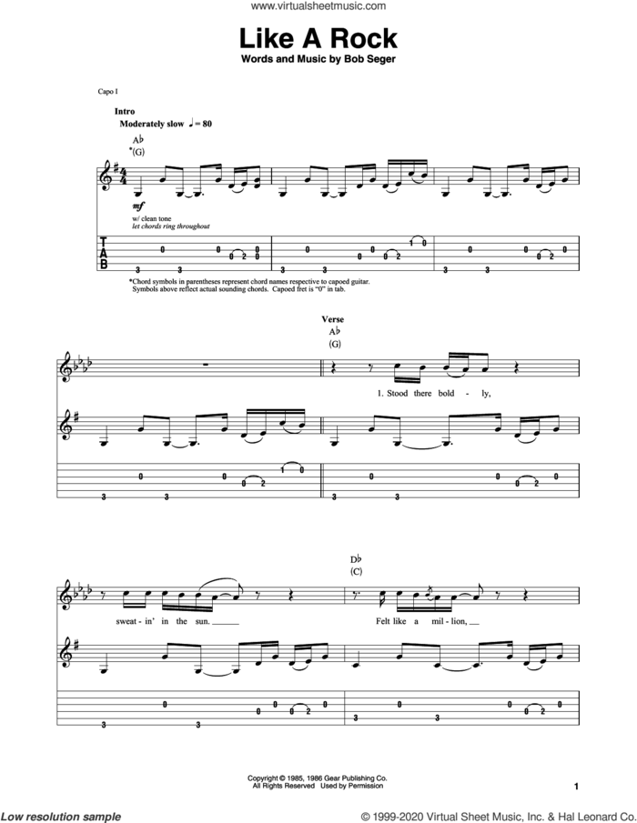 Like A Rock sheet music for guitar (tablature, play-along) by Bob Seger, intermediate skill level