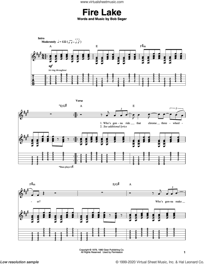 Fire Lake sheet music for guitar (tablature, play-along) by Bob Seger, intermediate skill level
