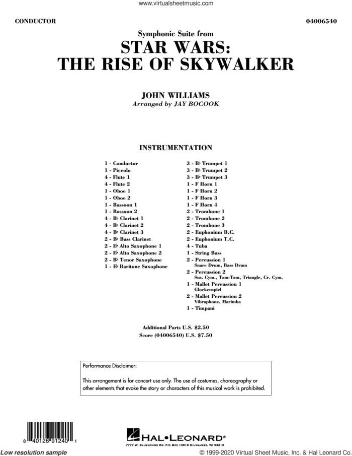 Symphonic Suite from Star Wars: The Rise of Skywalker (arr. Bocook) sheet music for concert band (full score) by John Williams and Jay Bocook, intermediate skill level