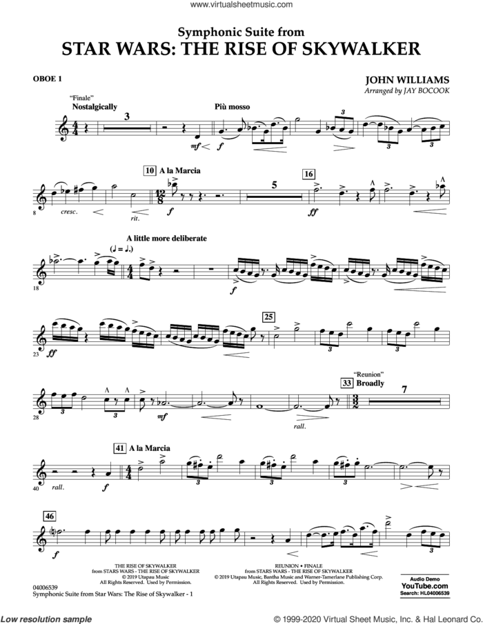 Symphonic Suite from Star Wars: The Rise of Skywalker (arr. Bocook) sheet music for concert band (oboe 1) by John Williams and Jay Bocook, intermediate skill level