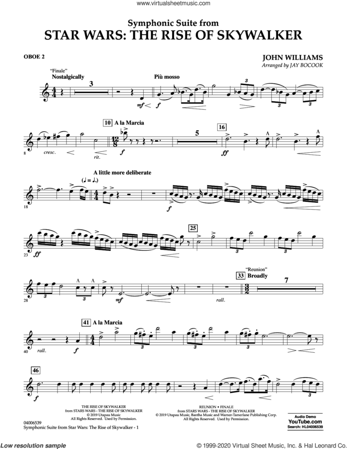 Symphonic Suite from Star Wars: The Rise of Skywalker (arr. Bocook) sheet music for concert band (oboe 2) by John Williams and Jay Bocook, intermediate skill level