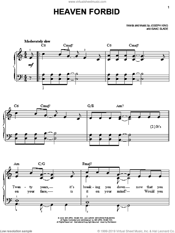 Heaven Forbid sheet music for piano solo by The Fray, Isaac Slade and Joseph King, easy skill level