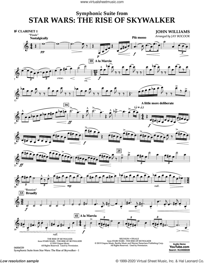 Symphonic Suite from Star Wars: The Rise of Skywalker (arr. Bocook) sheet music for concert band (Bb clarinet 1) by John Williams and Jay Bocook, intermediate skill level