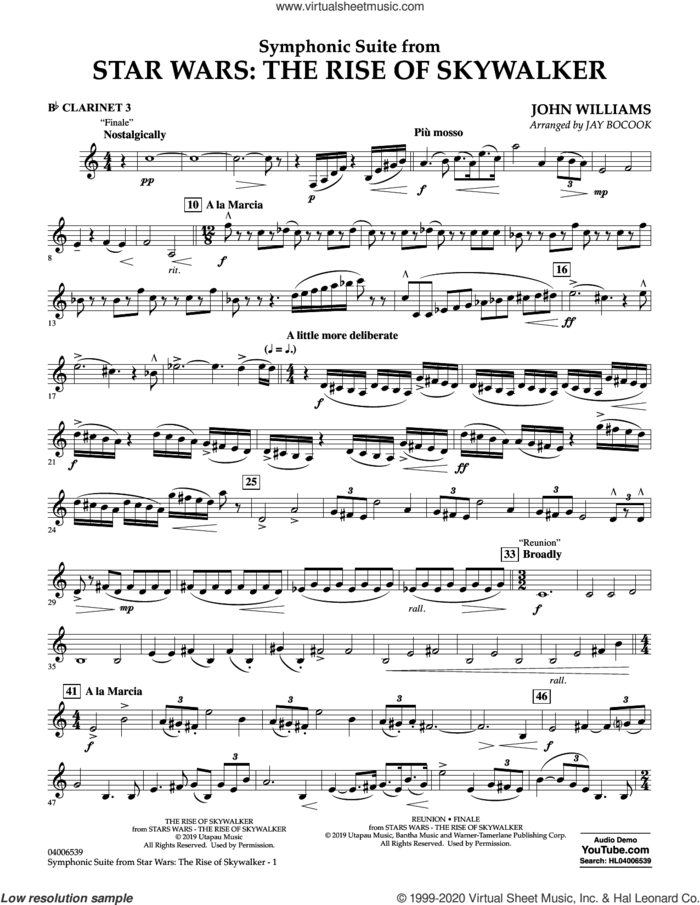 Symphonic Suite from Star Wars: The Rise of Skywalker (arr. Bocook) sheet music for concert band (Bb clarinet 3) by John Williams and Jay Bocook, intermediate skill level