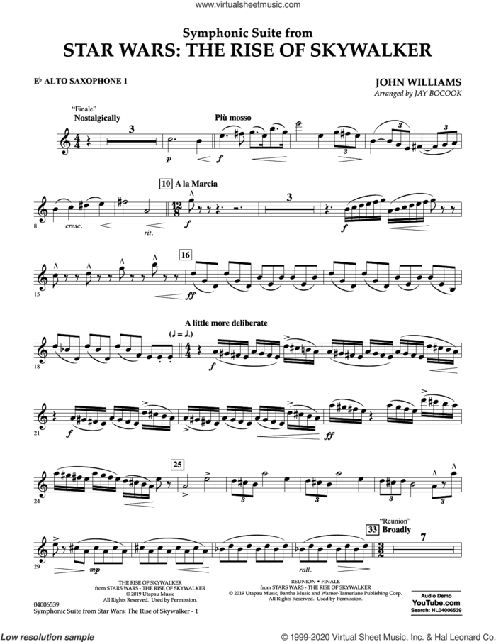 Symphonic Suite from Star Wars: The Rise of Skywalker (arr. Bocook) sheet music for concert band (Eb alto saxophone 1) by John Williams and Jay Bocook, intermediate skill level