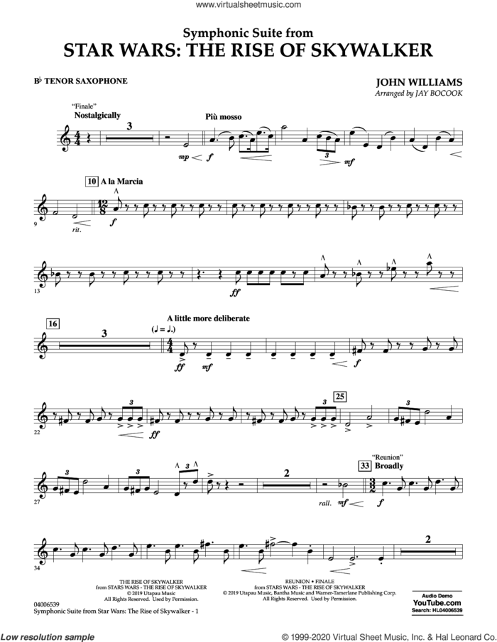 Symphonic Suite from Star Wars: The Rise of Skywalker (arr. Bocook) sheet music for concert band (Bb tenor saxophone) by John Williams and Jay Bocook, intermediate skill level